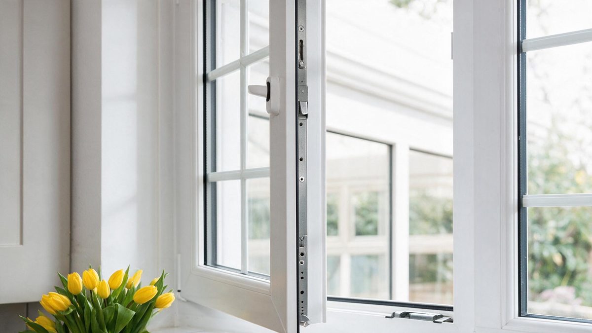 Close-up of an open casement uPVC window with fresh flowers on the sill